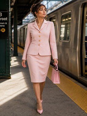 Vintage Womens Size 10 Kasper A.S.L. Pink Microcheck Wool Blend Skirt Suit